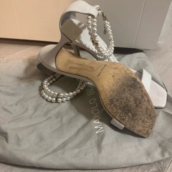 Manolo Blahnik White Pearl-Adorned Heels